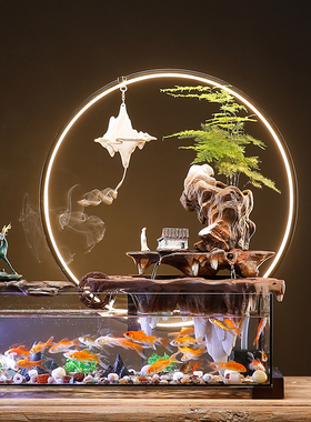 创意免换水生态玻璃n鱼缸造景假山流水摆件循环水客厅办公室装饰