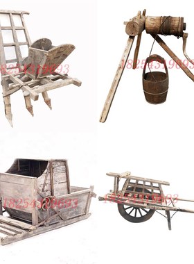 民俗老物件农村旧农耕工具风车木犁木耙农具木车怀旧复古装饰摆饰