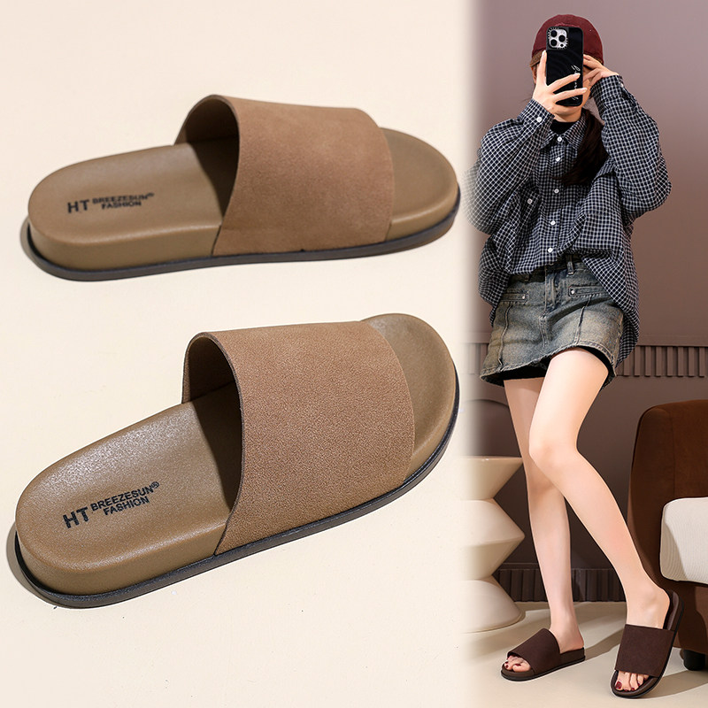 2026复古平底百搭一字带凉拖鞋女勃肯鞋软皮休闲外穿露趾简约懒人
