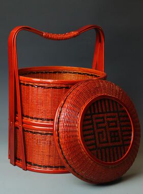 手工竹编篮子结婚手提篮子拜拜篮圆形三层双层食盒家用饭店送餐篮