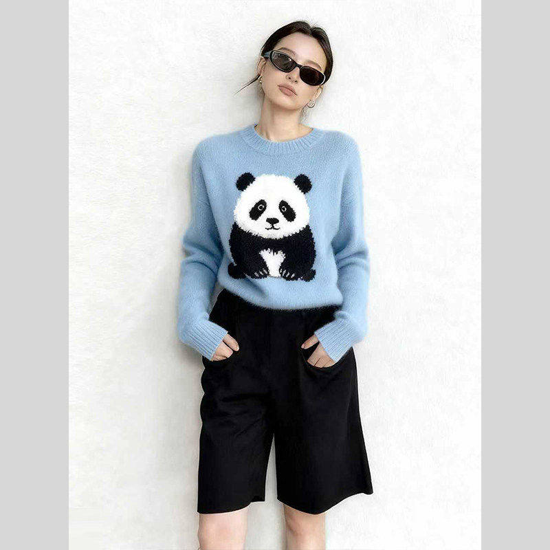 冬新款设计感卡通熊猫针织毛衣女蓝色长袖慵懒高级感内搭上衣2026,淘宝优惠券,粉丝福利购,淘宝优惠卷