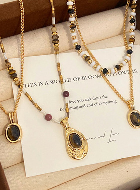 天然虎眼石吊坠项链轻奢复古叠戴