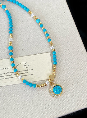 天然绿松石淡水珍珠爱心吊坠项链