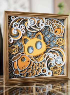 梯木叠雕招财猫创意玄关客厅装饰品摆件高级感小众乔迁礼品工艺礼