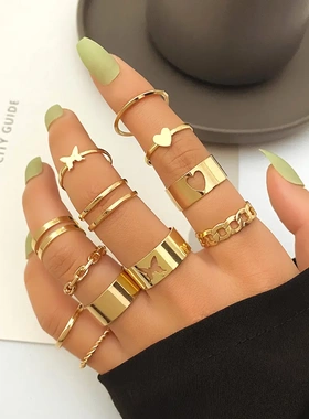 欧美新款复古镶嵌珍珠链条戒指开口戒指ins风戒指套装10件套