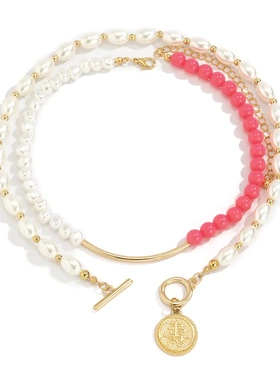 简约时色米珠字母项链 田园复古风锁扣组合项饰 欧美饰品