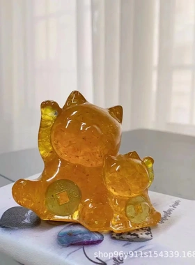 货源水晶碎石子母招财猫福猫滴胶动物公仔摆件