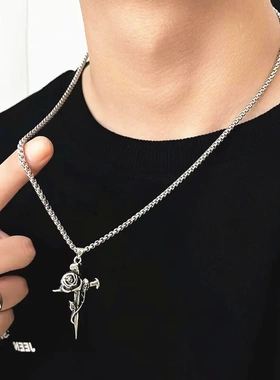 经典时尚造型复古风格玫瑰十字架吊坠项链嘻哈创意花项链