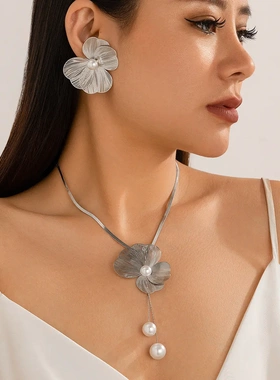 欧属质感立体叶花朵项链甜酷仿珍珠流苏项饰earrings