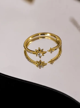 s925银韩国星星六芒可调节开口戒指镀14k食指戒ins小众设计