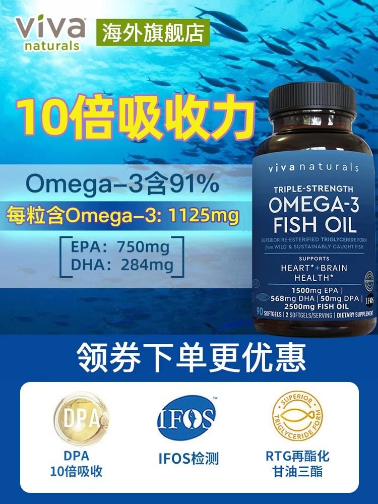 Viva美国进口高纯度rTG深海鱼油含DPA胶囊欧米伽鱼油90粒,淘宝优惠券,粉丝福利购,淘宝优惠卷