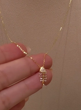 S925纯银满钻金色鱼骨项链女