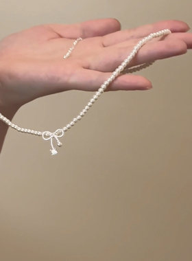 S925纯银白色珍珠蝴蝶结项链女