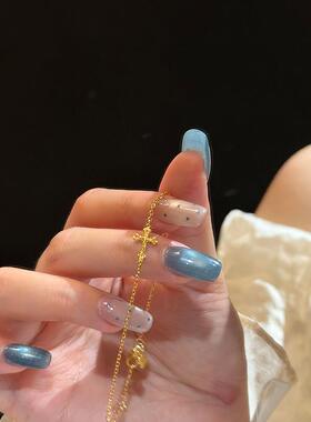 S925纯银金色碎碎冰十字架手链女