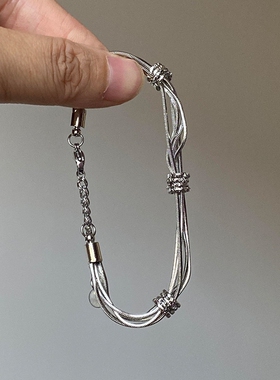 S925纯银色中古多层绳结手链女