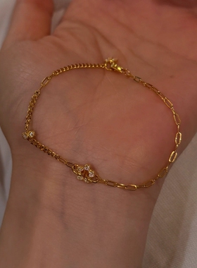 S925纯银复古金色镂空花朵手链女