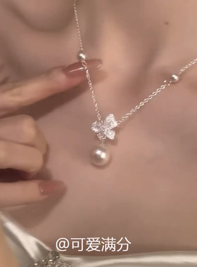 S925纯银满钻闪锆蝴蝶珍珠项链女