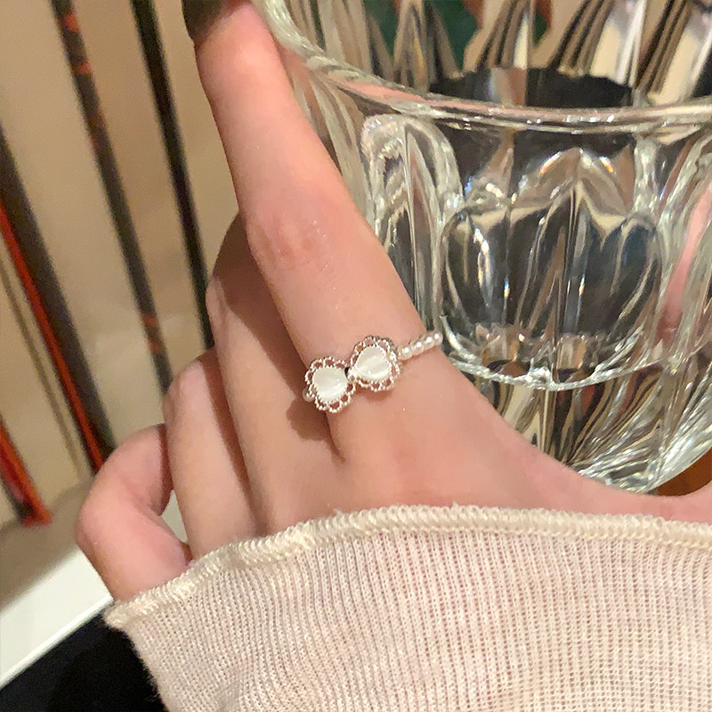 Korean sweet cat-eye bow pearl ring, gentle temperament index finger ring, high-end and versatile stacking ring