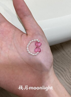 S925纯银粉色蝴蝶结珍珠戒指女