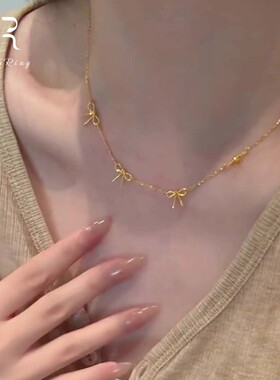 S925纯银金色多蝴蝶结项链女