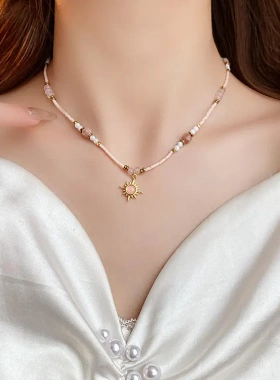 真金电镀甜美粉色几何形太阳花项链气质心锁骨链轻奢项饰