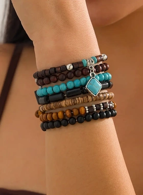 欧美饰品 民族风不规则木珠串珠手链 金属感松石braelet套装