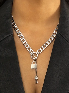 欧美饰品 简约镶钻锁形钥匙项链女 嘻哈金属混色链条ot扣项饰