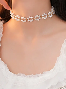 法式复古圆形编织花朵珍珠项链气质时尚百搭锁骨链简约高级感项饰