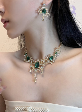 金枝绿叶~重工镶钻水滴项链女复古宫廷风气质宴会锁骨链耳环配饰