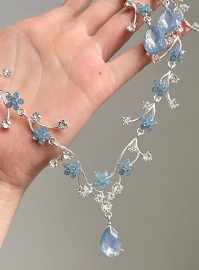 清冷感蓝色水滴项链绝美宫廷风