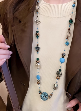 波西米亚民族风蓝色串珠项链女新中式长款毛衣链时尚轻奢小众配饰