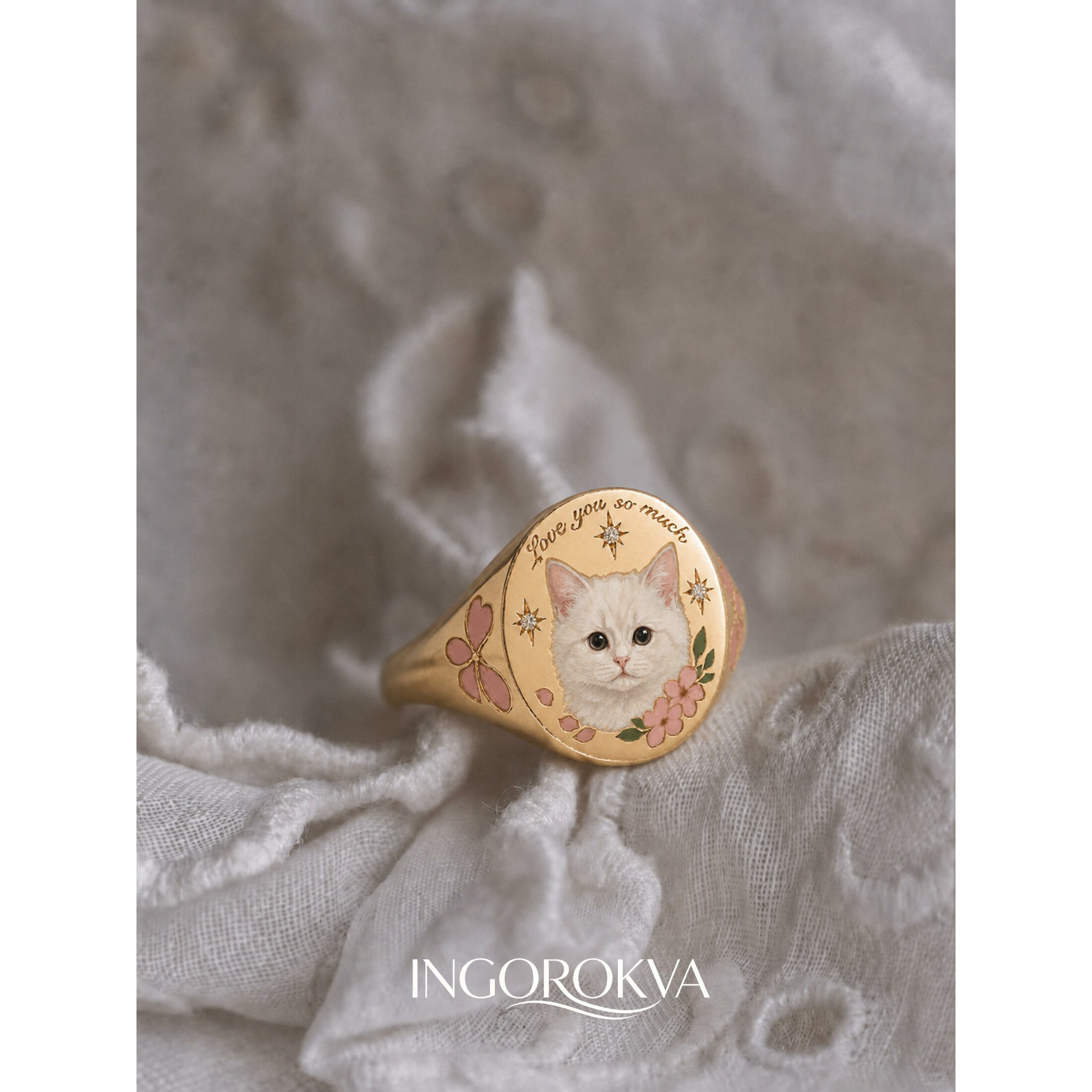Cute cat head enamel diamond wide ring