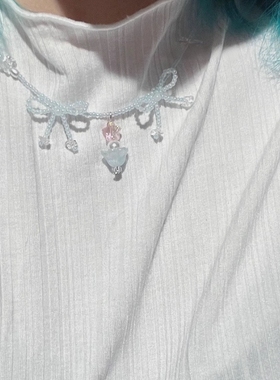 蓝色串珠蝴蝶结项链超仙气质