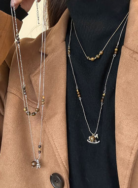 复古小马虎眼色吊坠项链女款2025新款小众高级毛衣链秋冬长款配饰