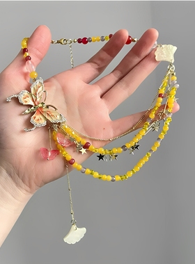 黄色滴油蝴蝶银杏叶流苏项链女2025新款春夏辣妹甜酷风叠戴锁骨链