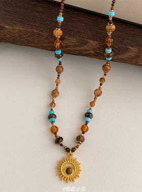 中古太阳项链手工女生金色串珠复古海边民族风彩色波西米亚小米珠
