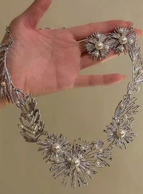 欧美夸张银色花朵珍珠烟花耳钉项链女礼服配饰精致高级感锁骨链潮