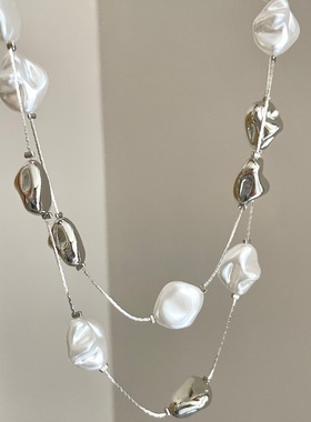 巴洛克异形珍珠拼接设计项链ins小众简约双层叠戴锁骨链个性颈链