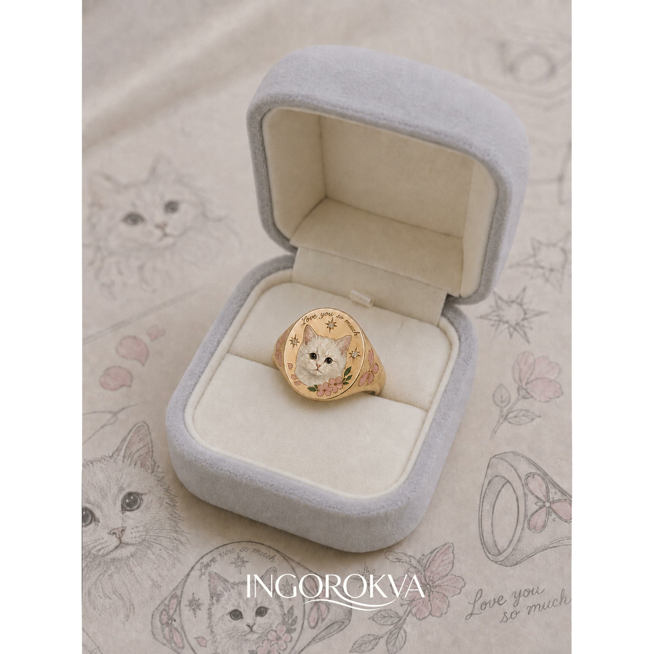 Cute cat head enamel diamond wide ring