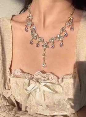 粉色水滴流苏项链轻奢小众设计感