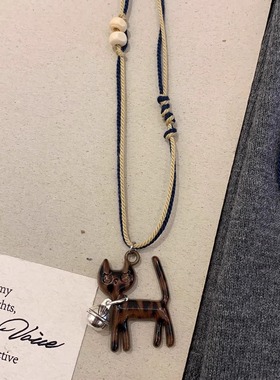手作铃铛猫！ins风双股编绳豹纹小猫吊坠项链长款秋冬毛衣卫衣链