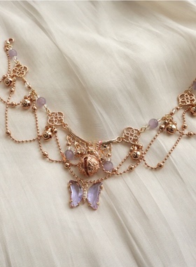 原创设计紫色蝴蝶铃铛脚链汉服古风cos配饰流苏异域风情礼物手链