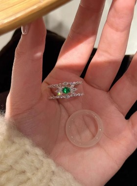 复古宫廷风中式仿冰玉髓戒指女vintage双层叠戴可拆卸设计食指戒