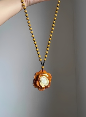 「枯木逢春」复古棕色串珠花朵项链独特百搭气质长款美拉德锁骨链