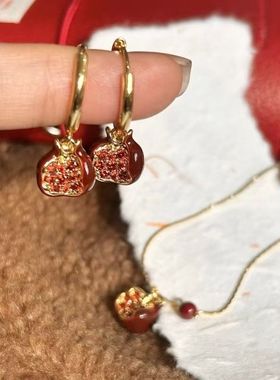 复古安哥拉红石榴滴釉吊坠耳环女新年喜庆秋冬法式小众高级感耳饰
