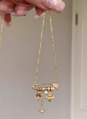 中古拉丝鸢尾花星芒别针吊坠项链女款高级感轻奢小众配饰锁骨颈链