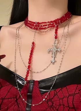 万圣节奢华十字架吊坠玫瑰花红色多层高级法式复古女锁骨项链女