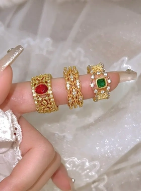 真金电镀锆石扭曲开口戒指宫廷风复古食指戒小众时尚新款手饰