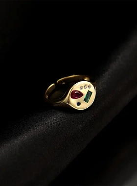 s925银复古彩色宝石镶嵌锆石戒指女小众设计感圆形开口指环