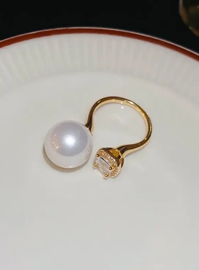 真金电镀锆石人造珍珠开口戒指轻奢时尚新款食指戒百搭精致手饰女